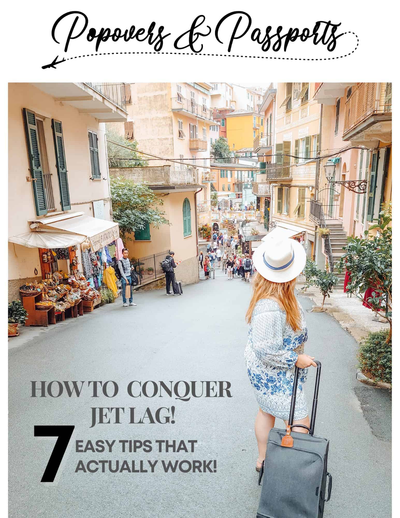 Girl with suitcase with her back to the camera on a street in italy looking at colorful houses